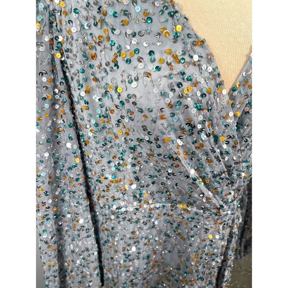 MAC DUGGAL Multi Colored Sequin Silver Long Sleeve Maxi Gown Size 16 - Picture 5 of 9